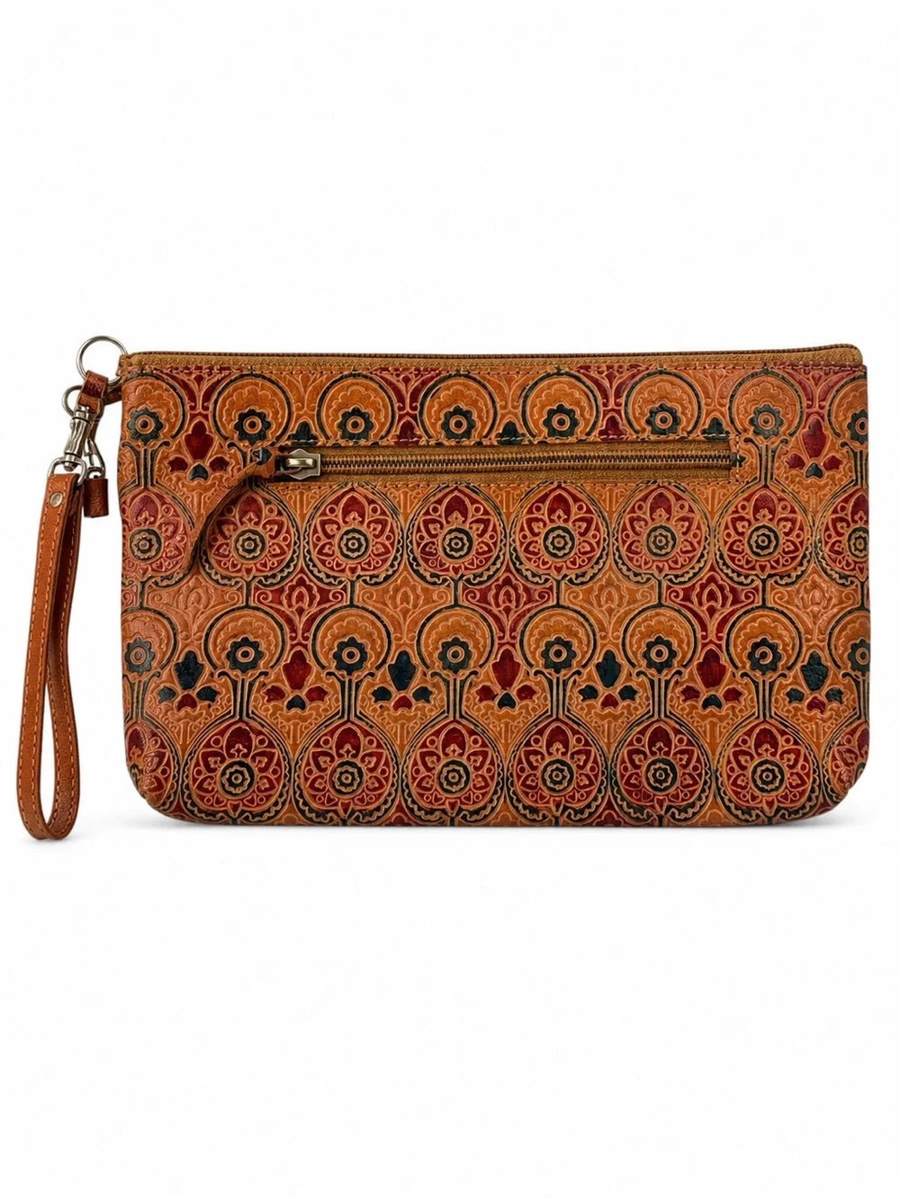 Artisan Tooled Leather Wristlet Clutch Embossed Floral Boho Wallet Pouch 6”x10”